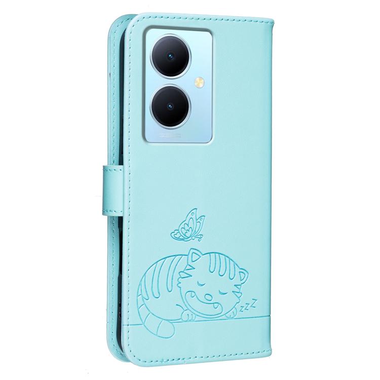 For vivo Y78 5G / Y78+ Cat Butterfly Embossed RFID Vegan Leather Phone Case with Strap