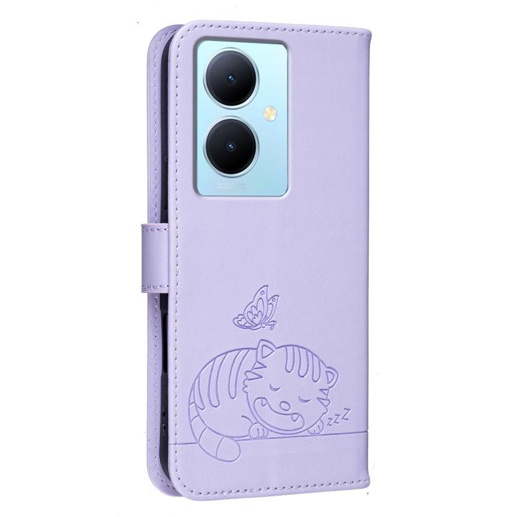 For vivo Y78 5G / Y78+ Cat Butterfly Embossed RFID Vegan Leather Phone Case with Strap