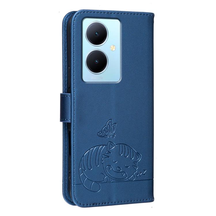 For vivo Y78 5G / Y78+ Cat Butterfly Embossed RFID Vegan Leather Phone Case with Strap