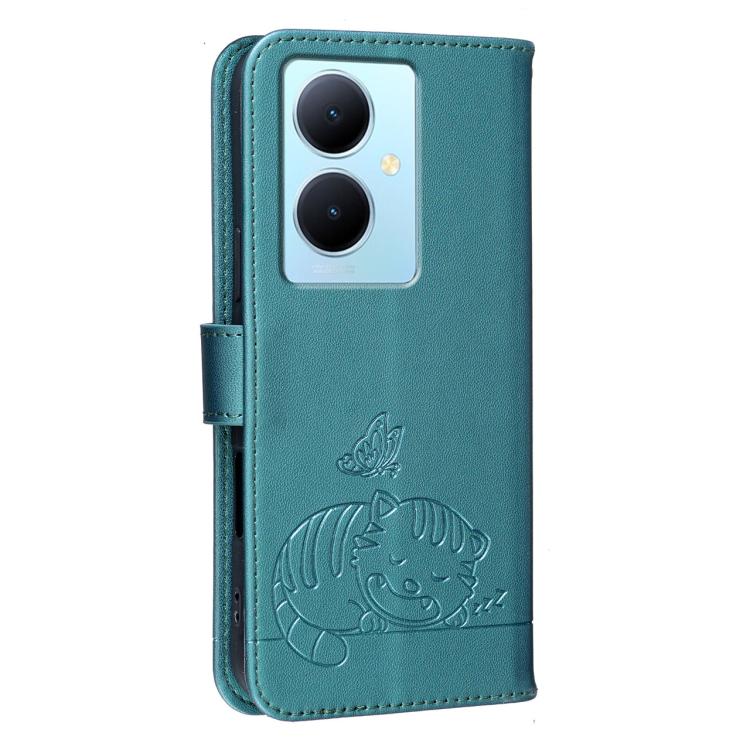 For vivo Y78 5G / Y78+ Cat Butterfly Embossed RFID Vegan Leather Phone Case with Strap