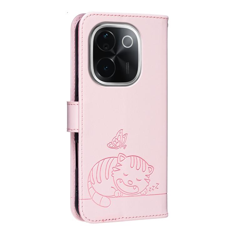 For vivo iQOO Z9s Pro Cat Butterfly Embossed RFID Vegan Leather Phone Case with Strap
