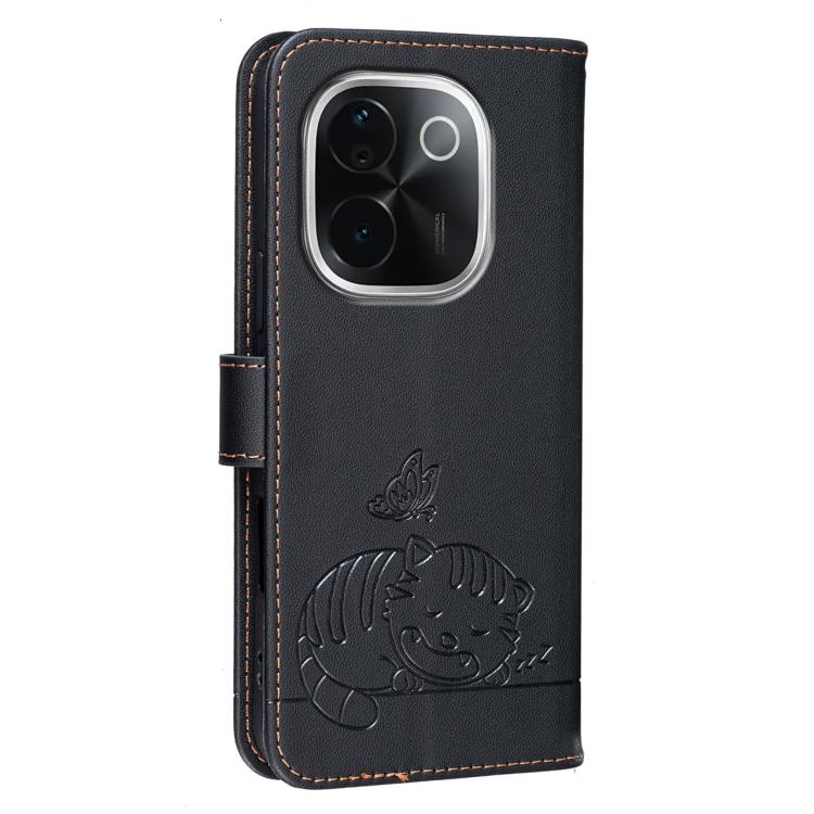 For vivo iQOO Z9s Pro Cat Butterfly Embossed RFID Vegan Leather Phone Case with Strap