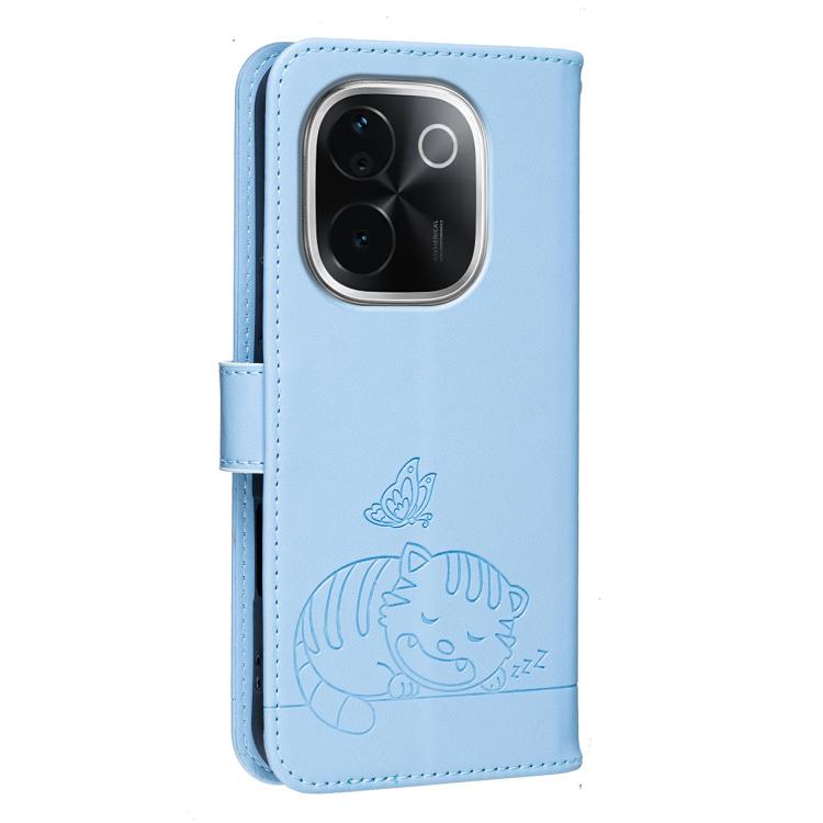 For vivo iQOO Z9s Pro Cat Butterfly Embossed RFID Vegan Leather Phone Case with Strap