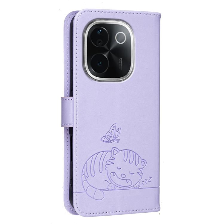 For vivo iQOO Z9s Pro Cat Butterfly Embossed RFID Vegan Leather Phone Case with Strap