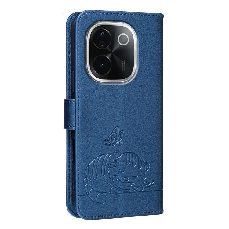 For vivo iQOO Z9s Pro Cat Butterfly Embossed RFID Vegan Leather Phone Case with Strap