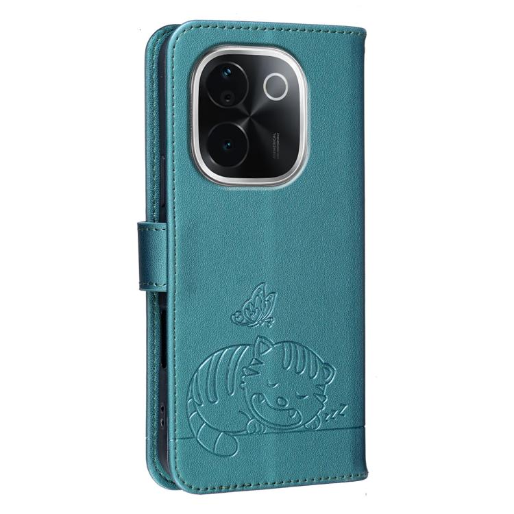 For vivo iQOO Z9s Pro Cat Butterfly Embossed RFID Vegan Leather Phone Case with Strap