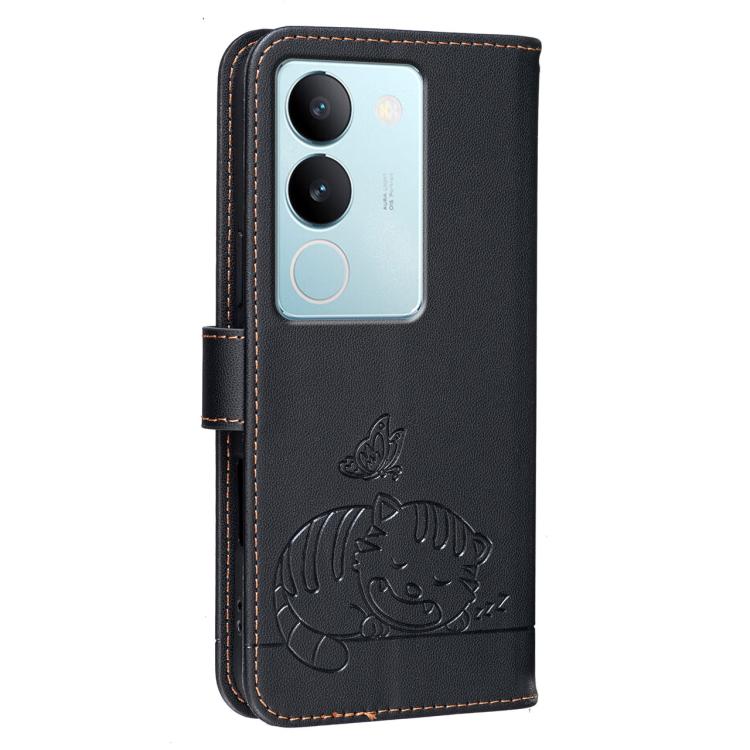 For vivo S17 Cat Butterfly Embossed RFID Vegan Leather Phone Case with Strap