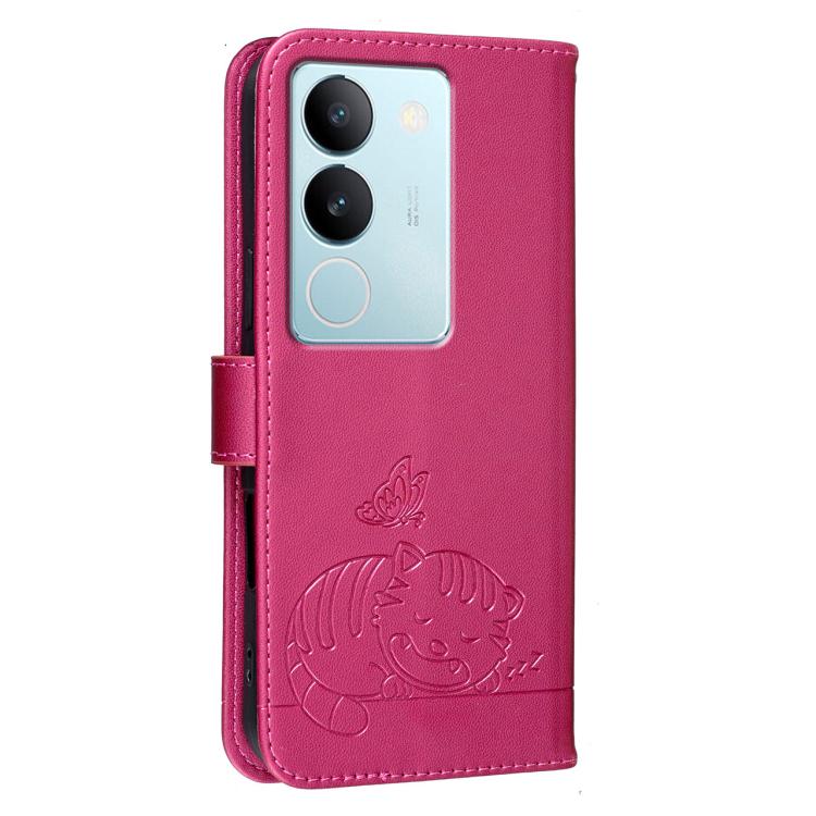 For vivo S17 Cat Butterfly Embossed RFID Vegan Leather Phone Case with Strap