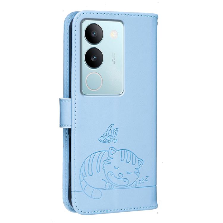 For vivo S17 Cat Butterfly Embossed RFID Vegan Leather Phone Case with Strap