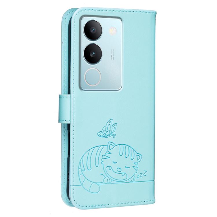 For vivo S17 Cat Butterfly Embossed RFID Vegan Leather Phone Case with Strap