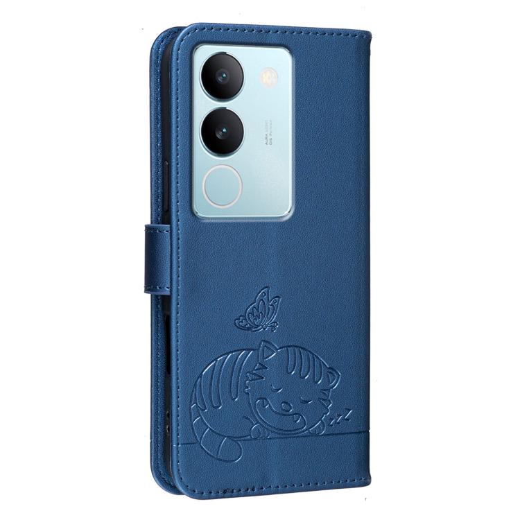 For vivo S17 Cat Butterfly Embossed RFID Vegan Leather Phone Case with Strap