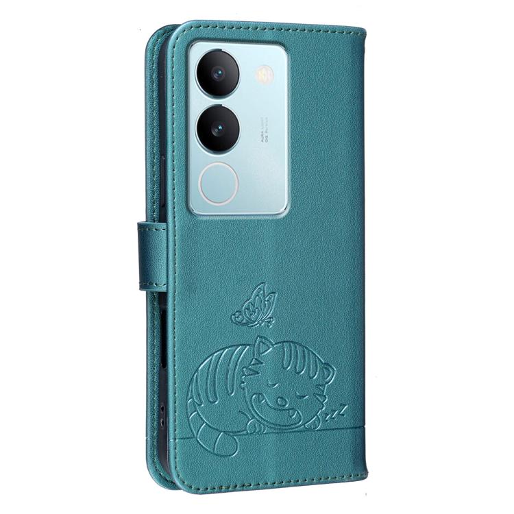 For vivo S17 Cat Butterfly Embossed RFID Vegan Leather Phone Case with Strap