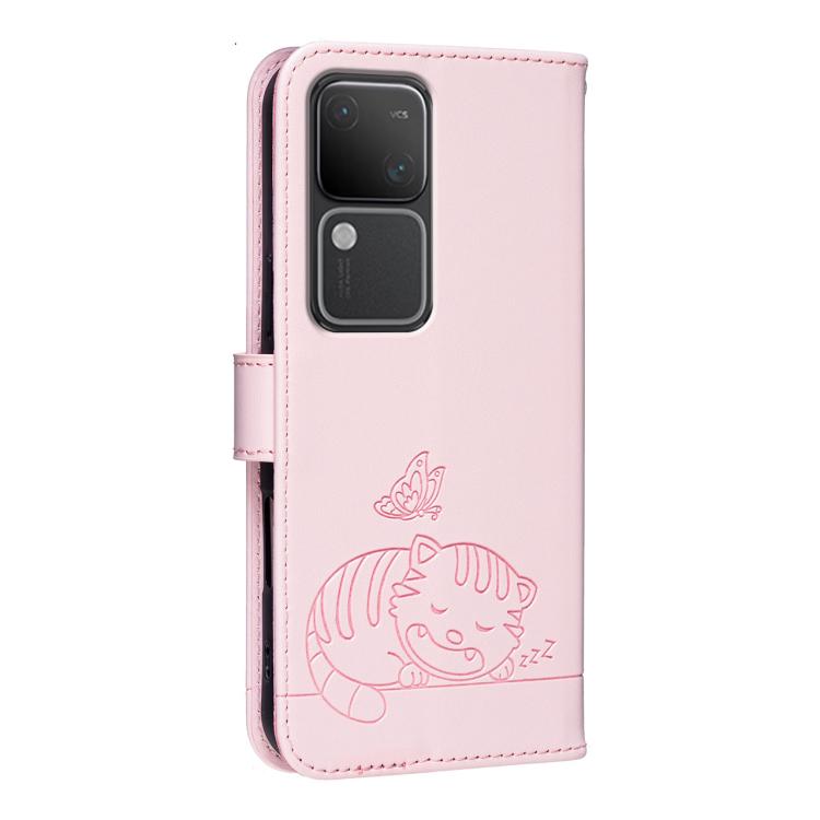For vivo S18 Cat Butterfly Embossed RFID Vegan Leather Phone Case with Strap