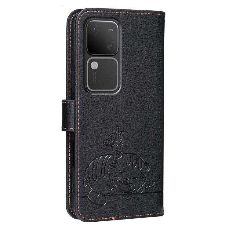 For vivo S18 Cat Butterfly Embossed RFID Vegan Leather Phone Case with Strap