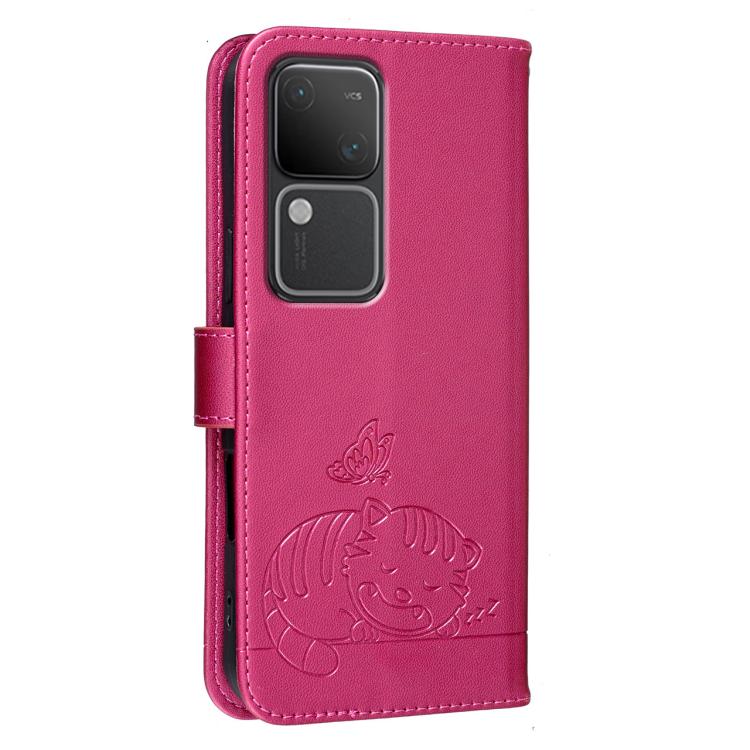 For vivo S18 Cat Butterfly Embossed RFID Vegan Leather Phone Case with Strap