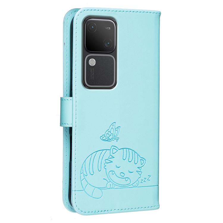 For vivo S18 Cat Butterfly Embossed RFID Vegan Leather Phone Case with Strap