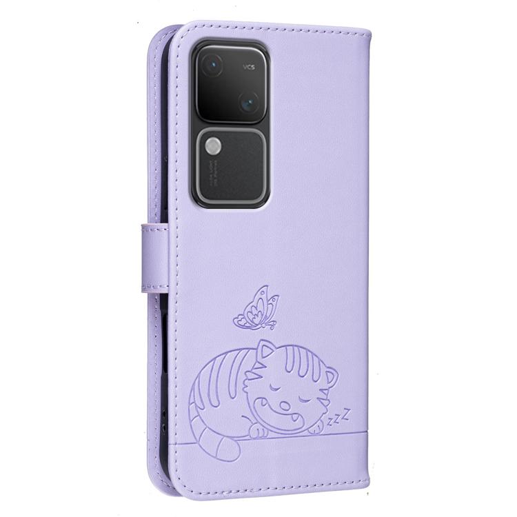 For vivo S18 Cat Butterfly Embossed RFID Vegan Leather Phone Case with Strap