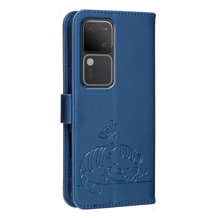 For vivo S18 Cat Butterfly Embossed RFID Vegan Leather Phone Case with Strap