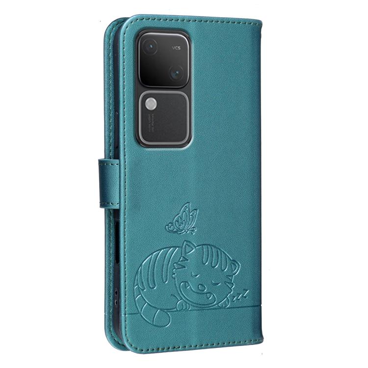 For vivo S18 Cat Butterfly Embossed RFID Vegan Leather Phone Case with Strap