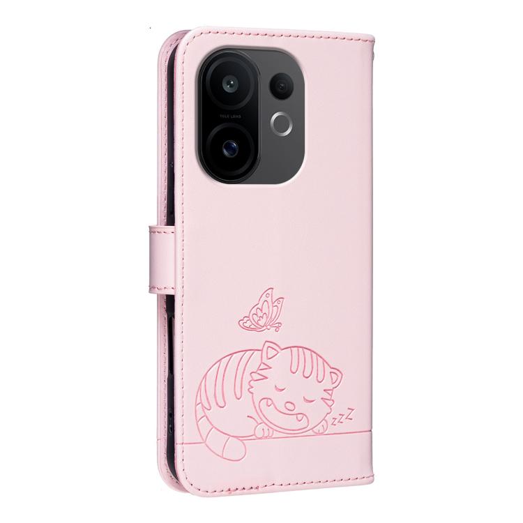 For vivo S30 Cat Butterfly Embossed RFID Vegan Leather Phone Case with Strap