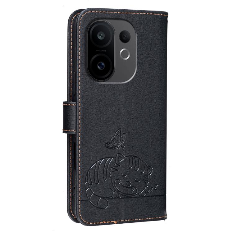 For vivo S30 Cat Butterfly Embossed RFID Vegan Leather Phone Case with Strap