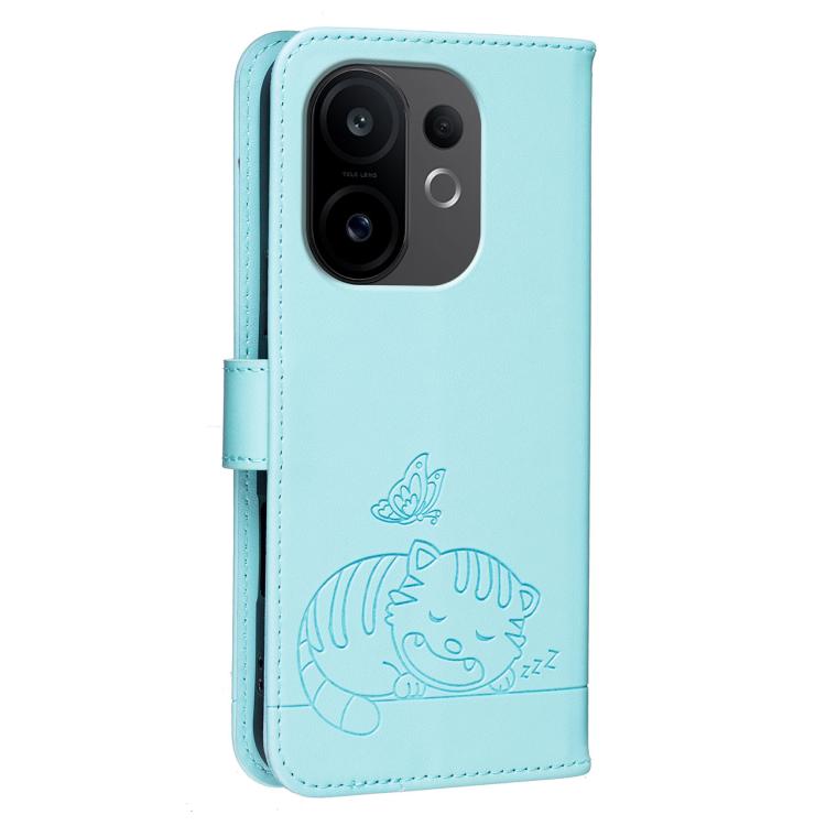 For vivo S30 Cat Butterfly Embossed RFID Vegan Leather Phone Case with Strap
