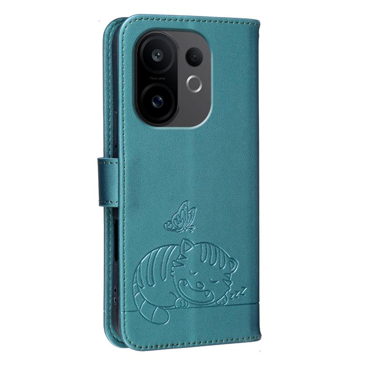 For vivo S30 Cat Butterfly Embossed RFID Vegan Leather Phone Case with Strap