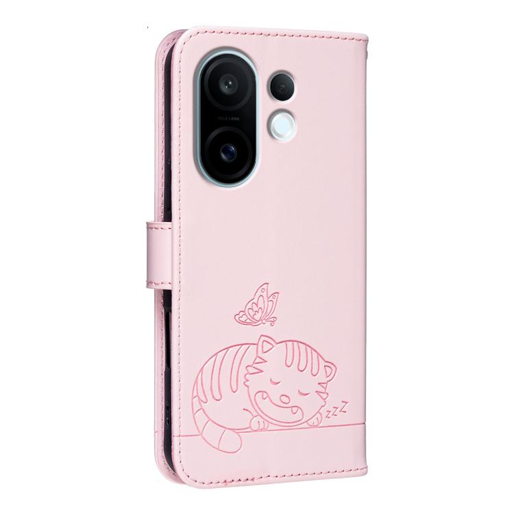 For vivo S30 Pro mini Cat Butterfly Embossed RFID Vegan Leather Phone Case with Strap