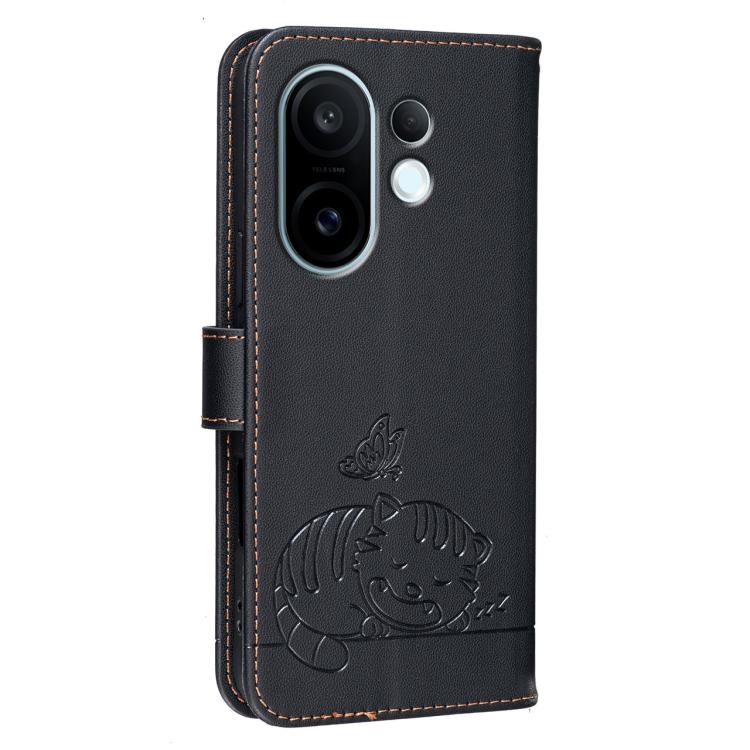 For vivo S30 Pro mini Cat Butterfly Embossed RFID Vegan Leather Phone Case with Strap