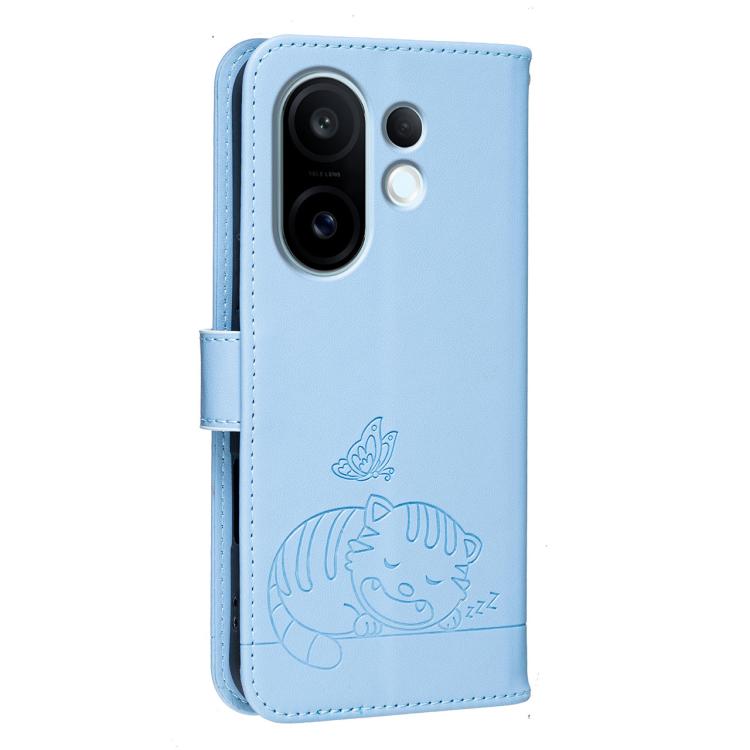 For vivo S30 Pro mini Cat Butterfly Embossed RFID Vegan Leather Phone Case with Strap