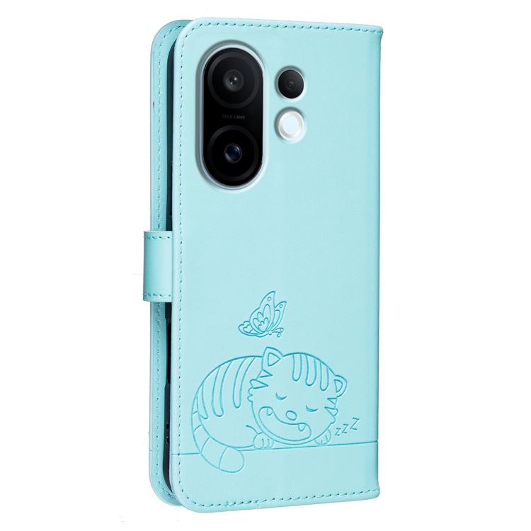 For vivo S30 Pro mini Cat Butterfly Embossed RFID Vegan Leather Phone Case with Strap