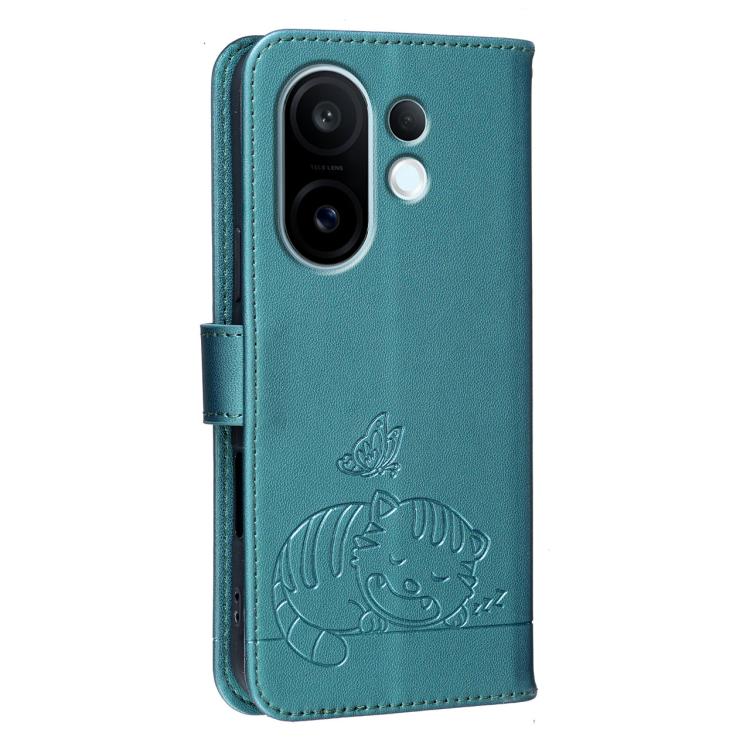 For vivo S30 Pro mini Cat Butterfly Embossed RFID Vegan Leather Phone Case with Strap