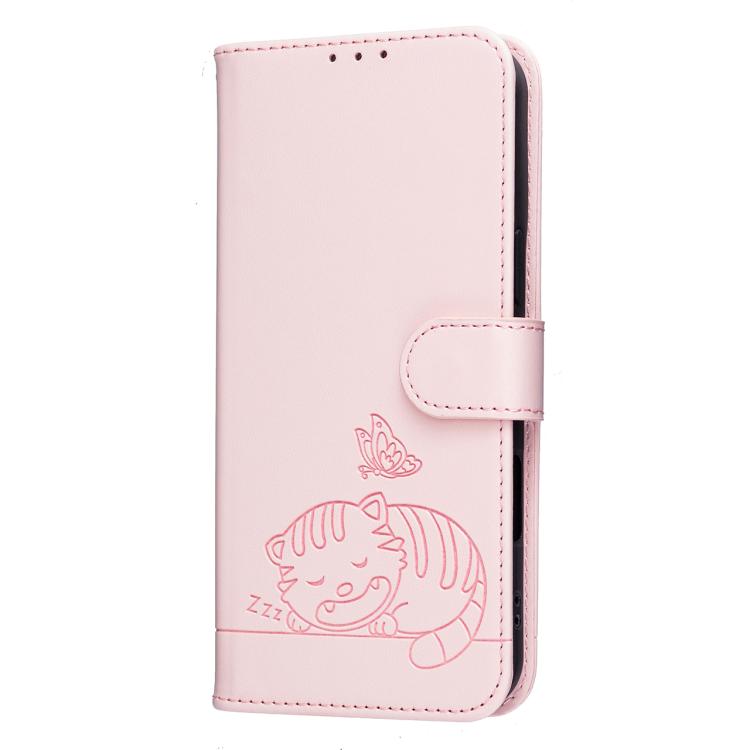 For vivo V27 Cat Butterfly Embossed RFID Vegan Leather Phone Case with Strap