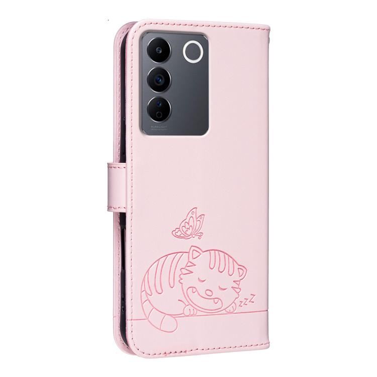 For vivo V27e Cat Butterfly Embossed RFID Vegan Leather Phone Case with Strap