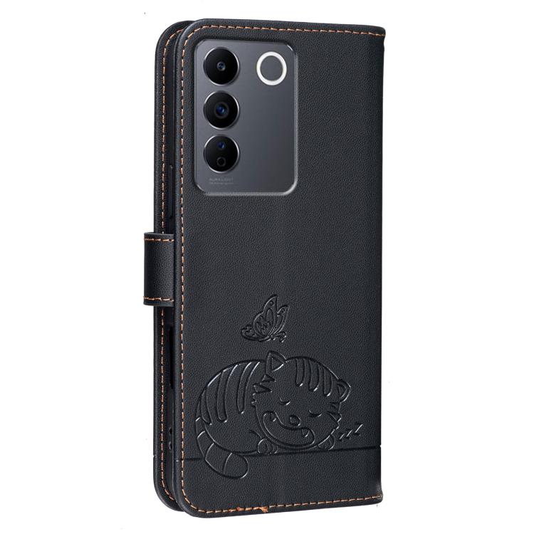 For vivo V27e Cat Butterfly Embossed RFID Vegan Leather Phone Case with Strap