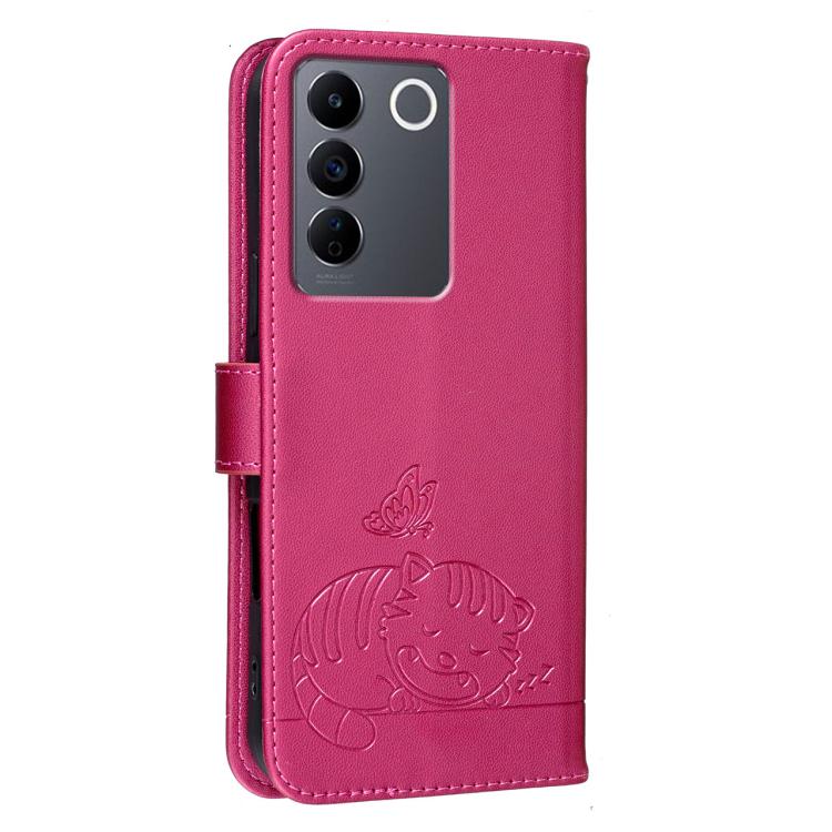 For vivo V27e Cat Butterfly Embossed RFID Vegan Leather Phone Case with Strap
