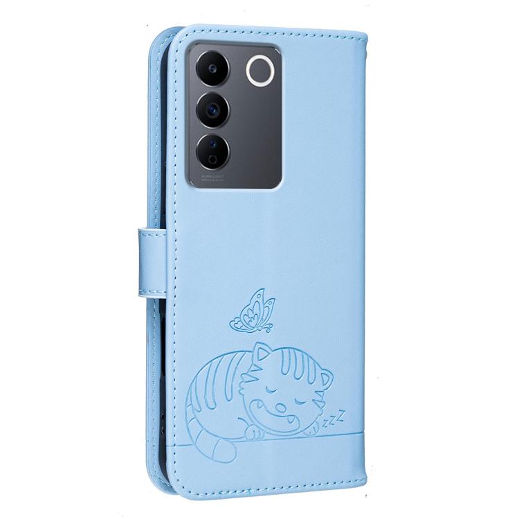 For vivo V27e Cat Butterfly Embossed RFID Vegan Leather Phone Case with Strap