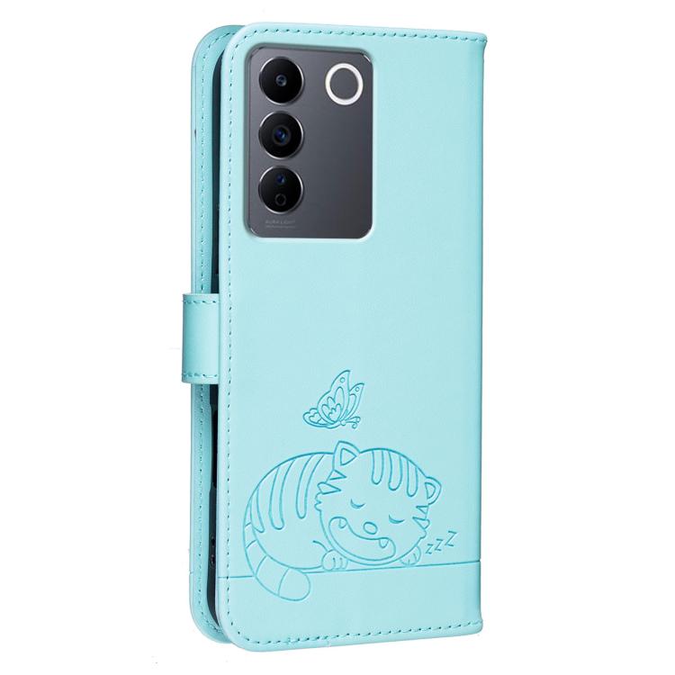 For vivo V27e Cat Butterfly Embossed RFID Vegan Leather Phone Case with Strap