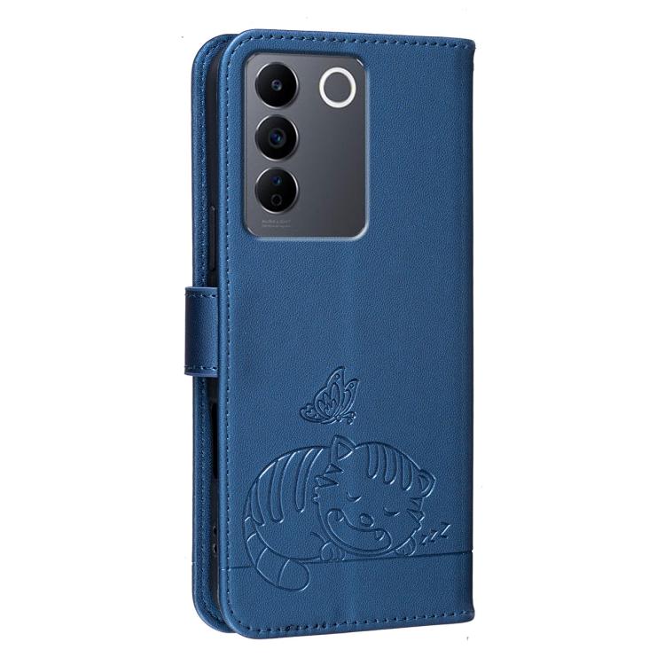 For vivo V27e Cat Butterfly Embossed RFID Vegan Leather Phone Case with Strap