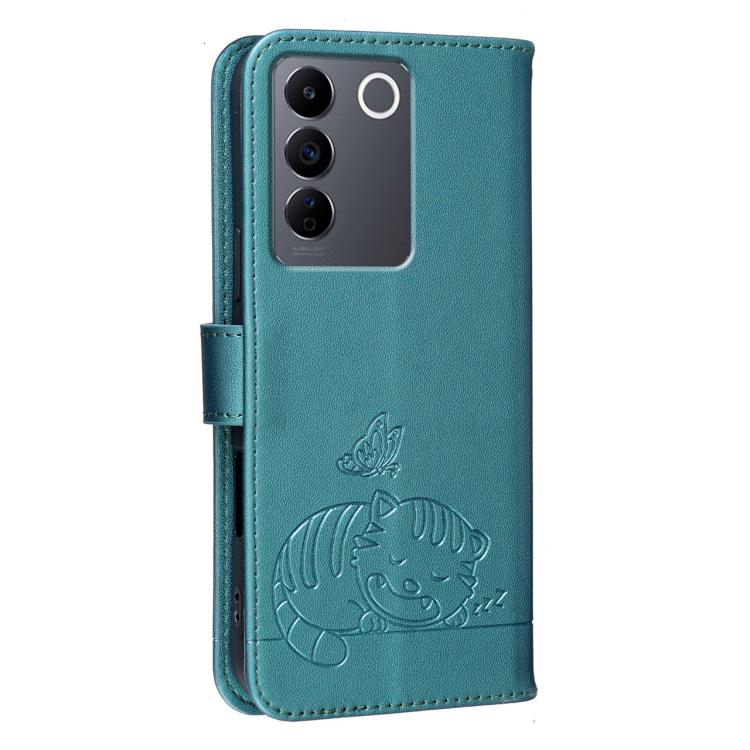 For vivo V27e Cat Butterfly Embossed RFID Vegan Leather Phone Case with Strap