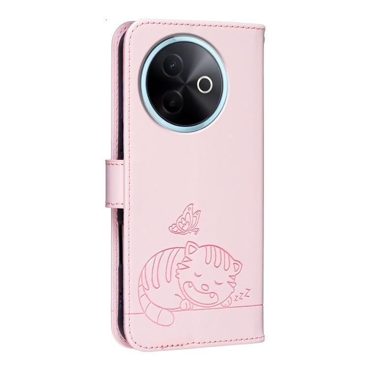 For vivo V30e Cat Butterfly Embossed RFID Vegan Leather Phone Case with Strap