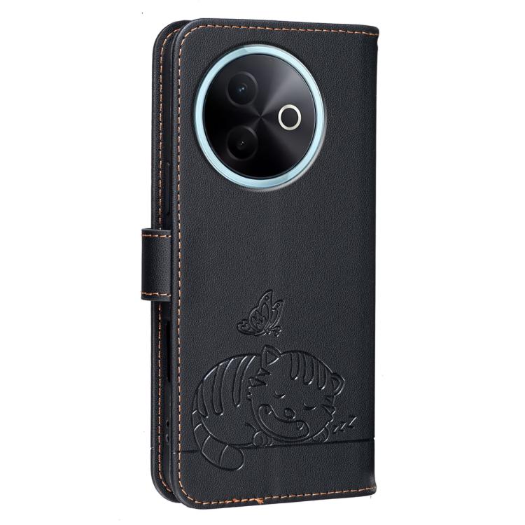 For vivo V30e Cat Butterfly Embossed RFID Vegan Leather Phone Case with Strap