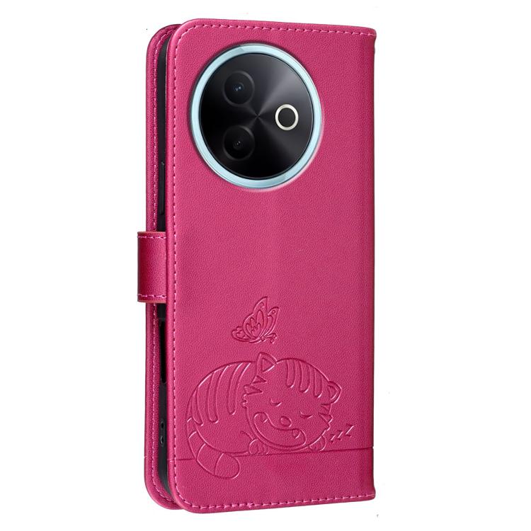 For vivo V30e Cat Butterfly Embossed RFID Vegan Leather Phone Case with Strap