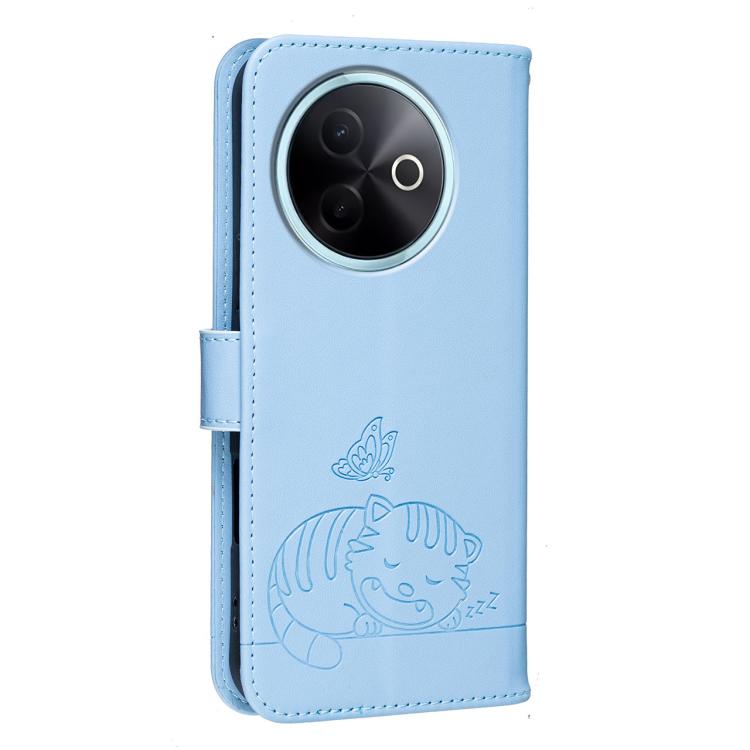 For vivo V30e Cat Butterfly Embossed RFID Vegan Leather Phone Case with Strap