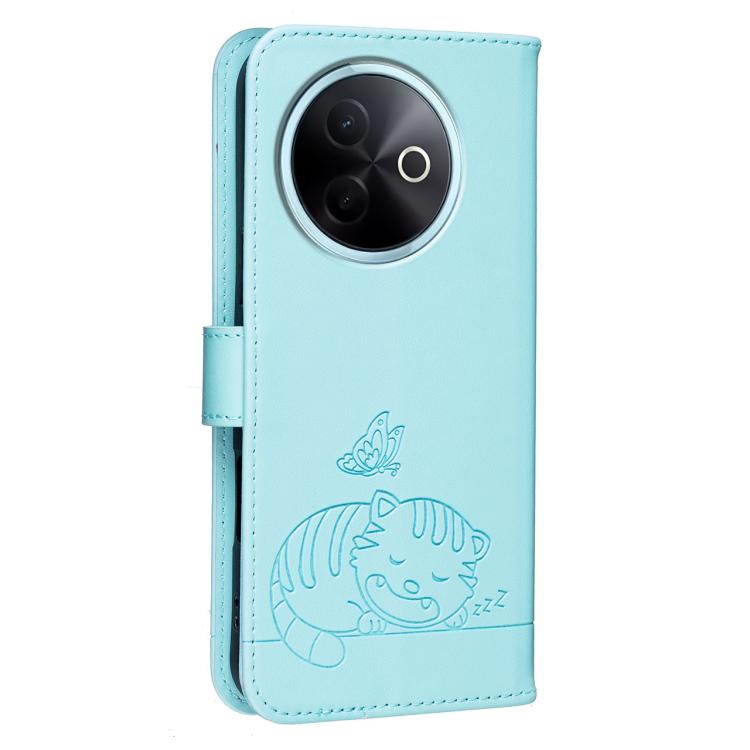 For vivo V30e Cat Butterfly Embossed RFID Vegan Leather Phone Case with Strap