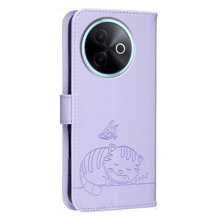 For vivo V30e Cat Butterfly Embossed RFID Vegan Leather Phone Case with Strap