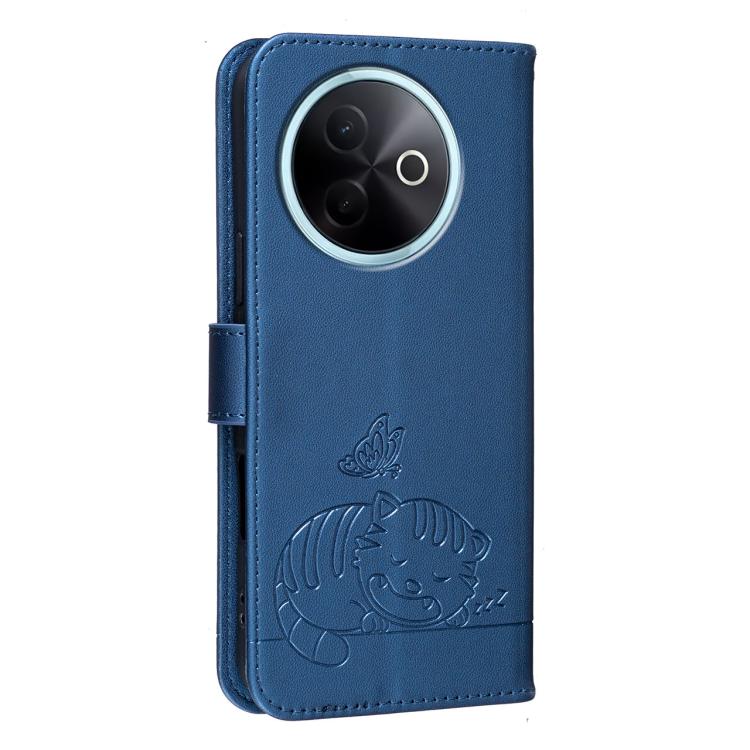 For vivo V30e Cat Butterfly Embossed RFID Vegan Leather Phone Case with Strap