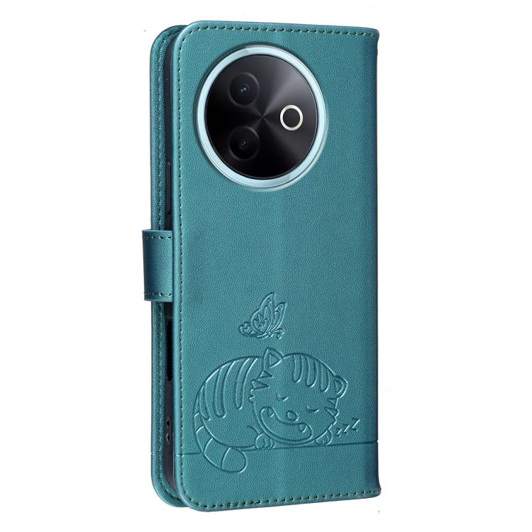 For vivo V30e Cat Butterfly Embossed RFID Vegan Leather Phone Case with Strap