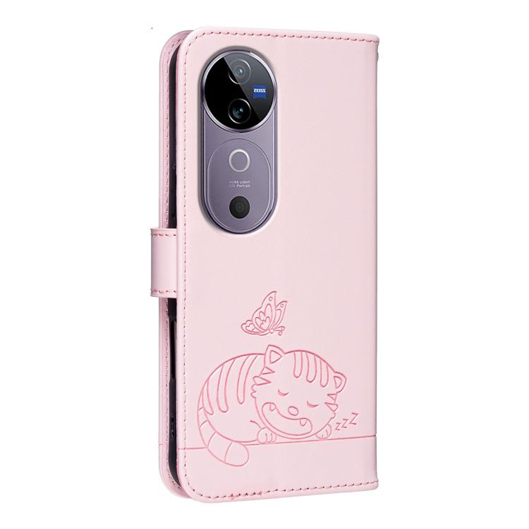 For vivo V40 Cat Butterfly Embossed RFID Vegan Leather Phone Case with Strap