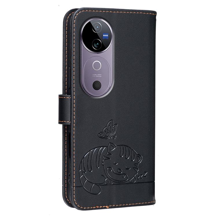 For vivo V40 Cat Butterfly Embossed RFID Vegan Leather Phone Case with Strap